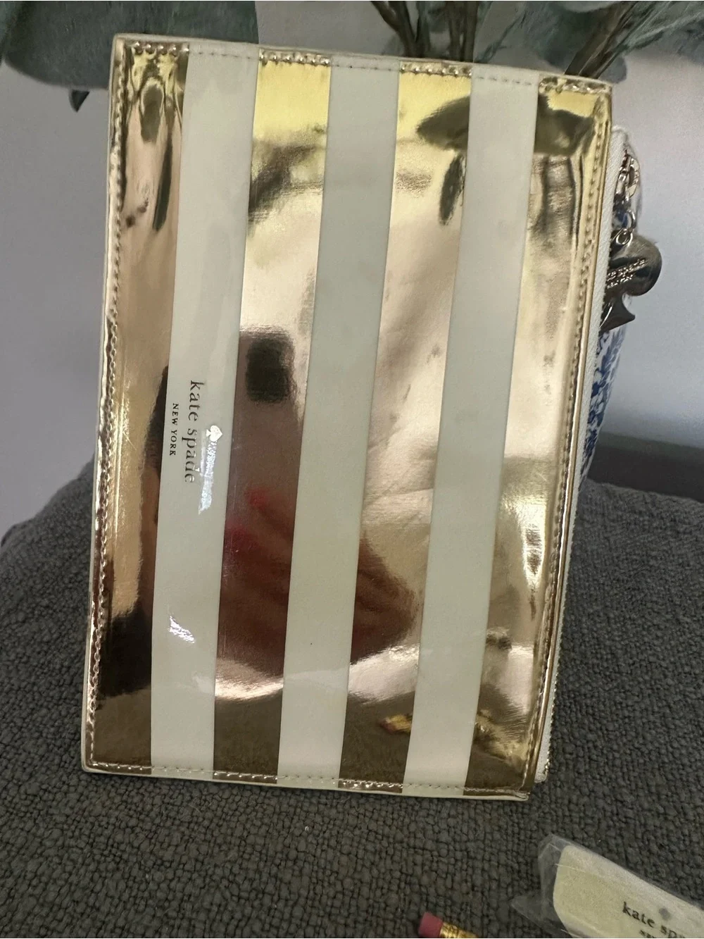 Kate Spade ♠️ Gold & White Stripe Zip Pouch Pencil Case